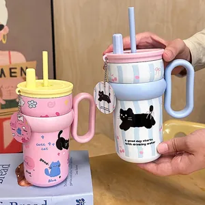 Cat themed stainless steel thermal mug with straw and unique circular handle design