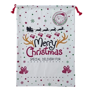 Canvas Christmas gift sack with red drawstring and Merry Christmas reindeer print