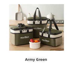 Three-piece insulated lunch bag set in army green with sturdy handles and side mesh pockets