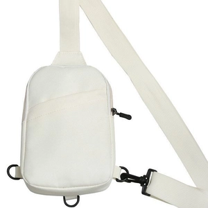 Minimalist white nylon chest bag with black metal zippers and wide adjustable strap