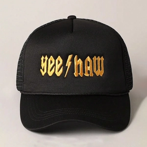 Black Y2K trucker hat featuring golden YEE-HAW embroidery and breathable mesh back