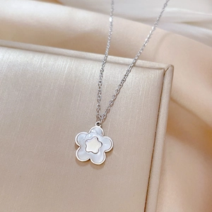 Detail of silver titanium steel necklace with a white mother-of-pearl flower pendant