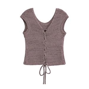 Top Gilet in Maglia Senza Maniche con Scollo a V e Allacciatura e Pantaloncini a Vita Alta Donna Malva Tinta Unita Streetwear Casual Estate Top Bottom