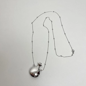 Detailed view of silver perfume bottle pendant with smooth surface and beaded chain