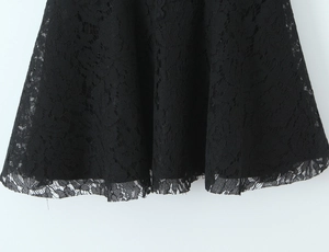Close-up of black lace hem featuring intricate floral patterns and eyelash lace edges