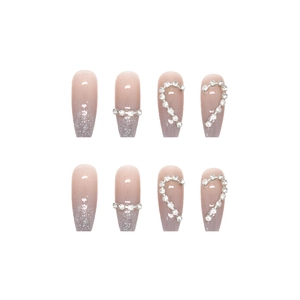 Long ballerina press-on nails with pink gradient, silver glitter and diamond heart design