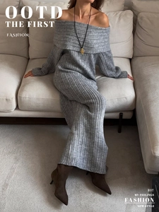 Detail of grey ribbed knit off-shoulder dress featuring soft fabric and bodycon fit