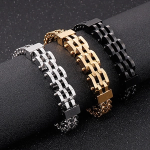 Men's double-row biker chain bracelet in silver, gold, and black stainless steel