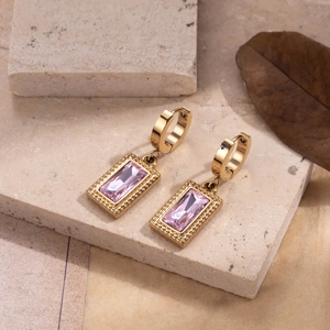 Elegant gold stainless steel earrings featuring rectangular pink gemstones and ring clasp