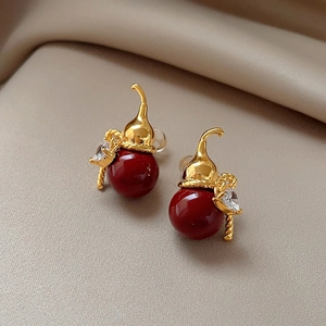 New Chinese Style Gourd Stud Earrings With Red Acrylic Beads Heart Zircon 925 Sterling Silver Earring Post