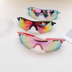 Kids cycling sports sunglasses with colorful lenses in pink, black, and light blue