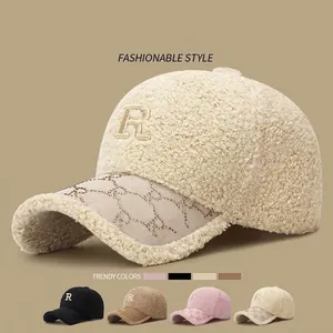Casquette De Baseball En Polaire Teddy Avec Broderie Lettre R En Strass Chapeau D'Hiver Chaud Ajustable À Bord Incurvé