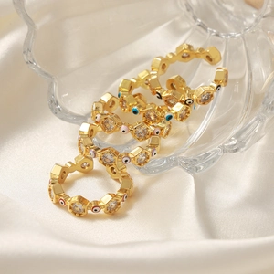 Böhmische goldene Sechskantringe mit buntem Emaille-Auge und Zirkonia-Steinen