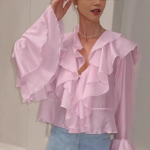 Blouse À Volants Col En V Rose Pour Femmes Manches Trompette Longues Satin Polyester Haut Chemise Élégant Doux