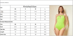Größentabelle mit Maßen für den neongrünen One-Shoulder-Body mit Cut-out-Design