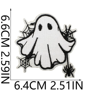 Ghost with spider web embroidery patch measuring 6.6cm by 6.4cm for Halloween decor