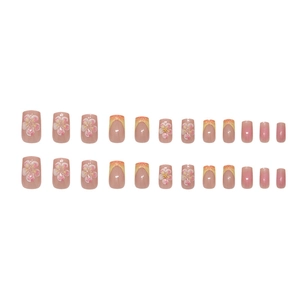 24 faux ongles avec dégradé français, motifs floraux 3D et détails orange dorés