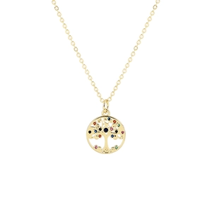Close-up of 18K gold-plated Tree of Life pendant with colorful cubic zirconia stones