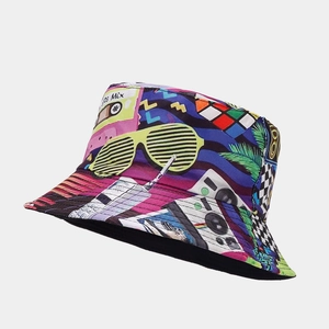 Close-up of 80s retro graffiti bucket hat with colorful cassette and radio prints