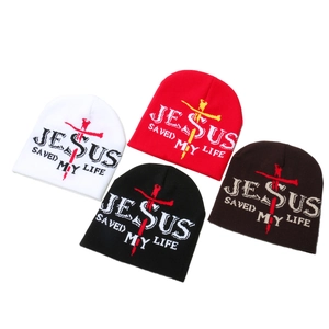 Bonnets en tricot d'hiver avec texte Jesus Saved My Life et motif croix en quatre couleurs