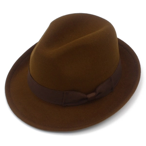 Detailed top view of a dark brown wool felt fedora hat with a coffee silk ribbon bow