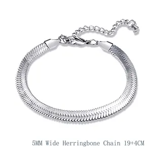Bracelet chaîne plate 5mm en acier titane argenté vintage avec fermoir mousqueton
