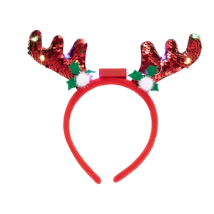 Close-up of LED reindeer antlers with red sequins, white pom-poms, and green felt leaves
