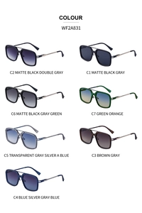 Detailed catalog of square sunglasses featuring assorted frame colors and metal temples