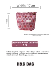 Detailed view of pink heart jacquard makeup bag with gold flower zipper and dimensions