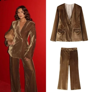 Women Velvet Blazer And Flared Pants Elegant V Neck Pocket Decor Office Casual Streetwear Suit Solid Brown
