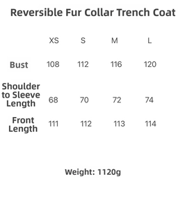 Detailed size chart for the reversible faux fur trench coat with detachable collar