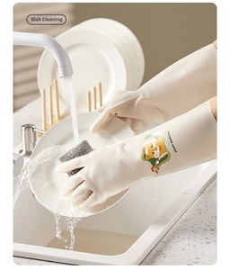 Detail of waterproof household cleaning gloves with squirrel print and long sleeve design