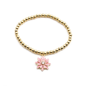 Bracelet à billes plaqué or avec breloque marguerite rose et pierre de zircon