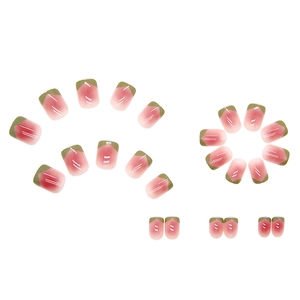 Pink gradient press-on nails with olive green French tips in round shape jelly texture