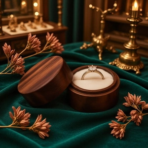 Round walnut wood engagement ring box with soft white interior on vintage green velvet