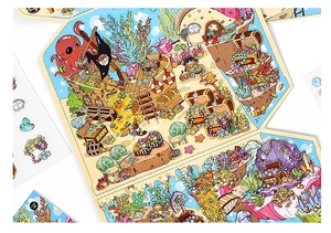 Detail of 3D layered PET stickers featuring ocean adventure themes and pirate motifs