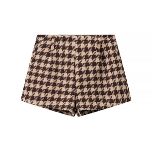 Women's plaid tweed shorts in dark brown houndstooth pattern with high waist A-line cut