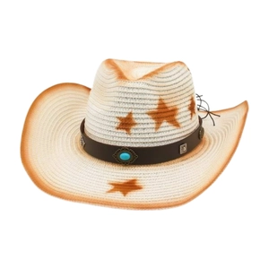 Chapeau de cowboy en paille style western avec motif étoiles et décor turquoise