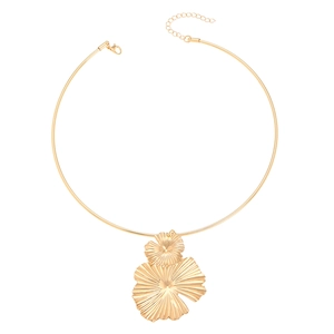Minimalist gold metal choker necklace featuring a large abstract floral petal pendant