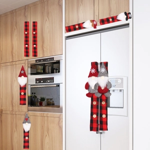 8-piece set of Christmas gnome refrigerator handle covers in red and black plaid fabric