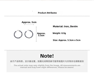 Size chart showing denim geometric hoop earrings measuring 5.5cm by 5cm with 8.9g weight