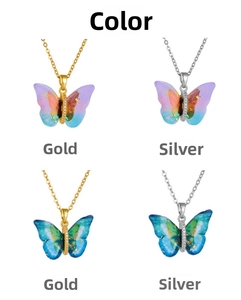 Detail of butterfly pendants with gradient resin wings and inlaid small crystals