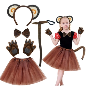 Five-piece brown monkey costume set with plush ears, tail, and brown tutu skirt detail