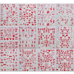 Set of 12 waterproof Valentine heart nail stickers with red roses and romantic decals
