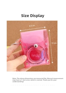 Detailed size view of the glitter pink transparent card holder measuring 8.5 by 10 cm