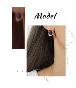 Close-up of a gold earring featuring a deep blue natural stone on a fashion model