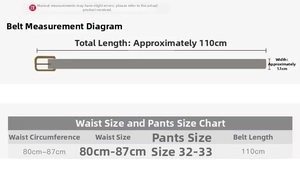 Größentabelle für schmale Ledergürtel mit Gesamtlänge 110cm und Breite 1,1cm Maße