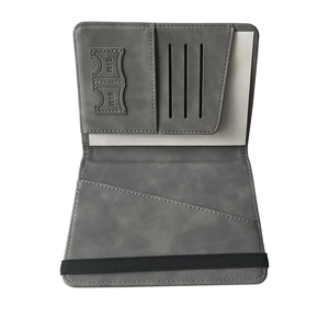 Grey PU leather map-style passport holder with SIM card slots and elastic closure strap