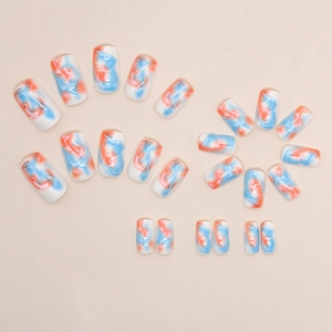 Sunset marble nails with blue and orange gradient on square round press-on nails