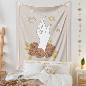 Detailed view of Aries constellation tapestry with rose illustration in warm boho bedroom